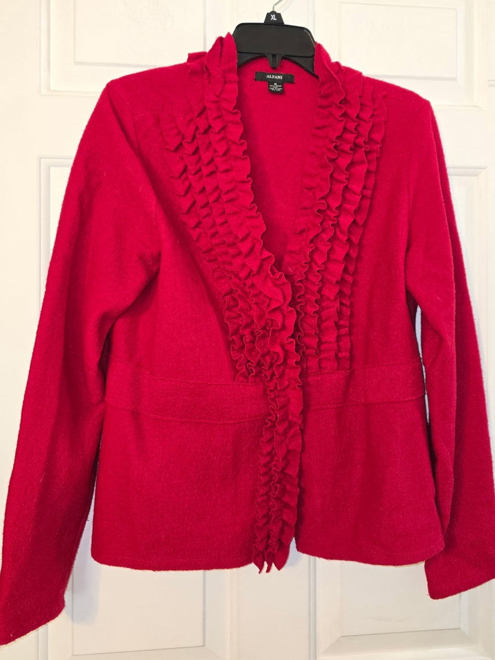 Merino Wool Red Ruffle Cardigan Sweater MEDIUM Alfani Vibrant Feminine Coquette